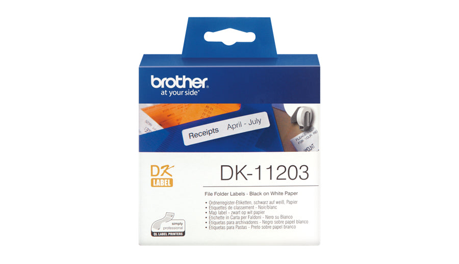 Brother DK-11203 - Preto em branco - 17 x 87 mm 300 etiqueta(s) (1 rolo(s) x 300) etiquetas para directório de arquivo - para Brother QL-1050, 1060, 500, 550, 560, 570, 580, 600, 650, 700, 710, 720, 820