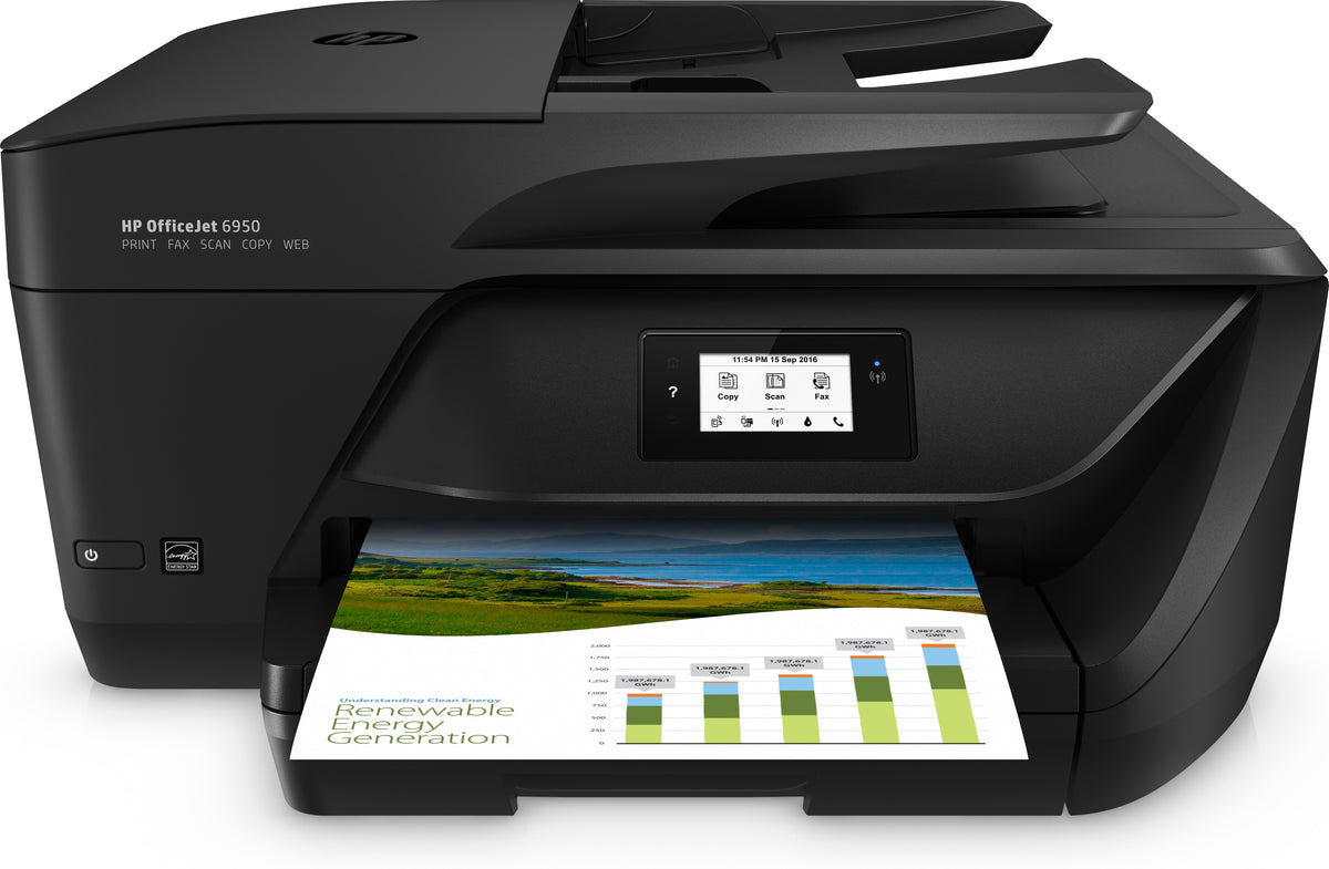 HP Officejet 6950 All-in-One - Impressora multi-funções - a cores - jacto de tinta - Legal (216 x 356 mm)/A4 (210 x 297 mm) (original) - A4/Legal (media) - até 11 ppm (cópia) - até 16 ppm (impressão) - 225 folhas - 33.6 Kbps - USB 2.0, Wi-Fi(n) - Ele