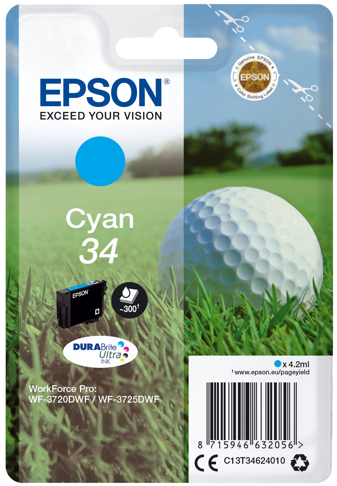 Epson 34 - 4.2 ml - azul cyan - original - tinteiro - para WorkForce Pro WF-3720, WF-3720DWF, WF-3725DWF