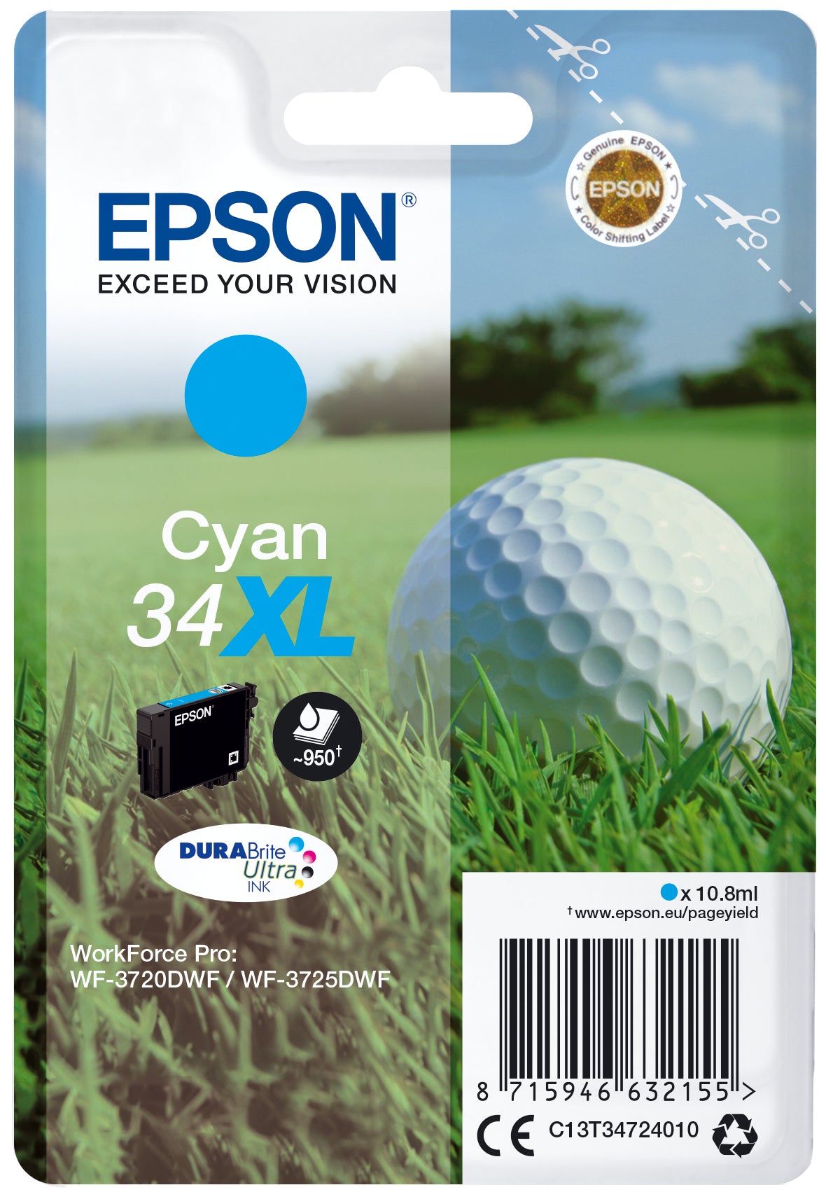 Epson 34XL - 10.8 ml - XL - cyan blue - original - ink cartridge - for WorkForce Pro WF-3720, WF-3720DWF, WF-3725DWF