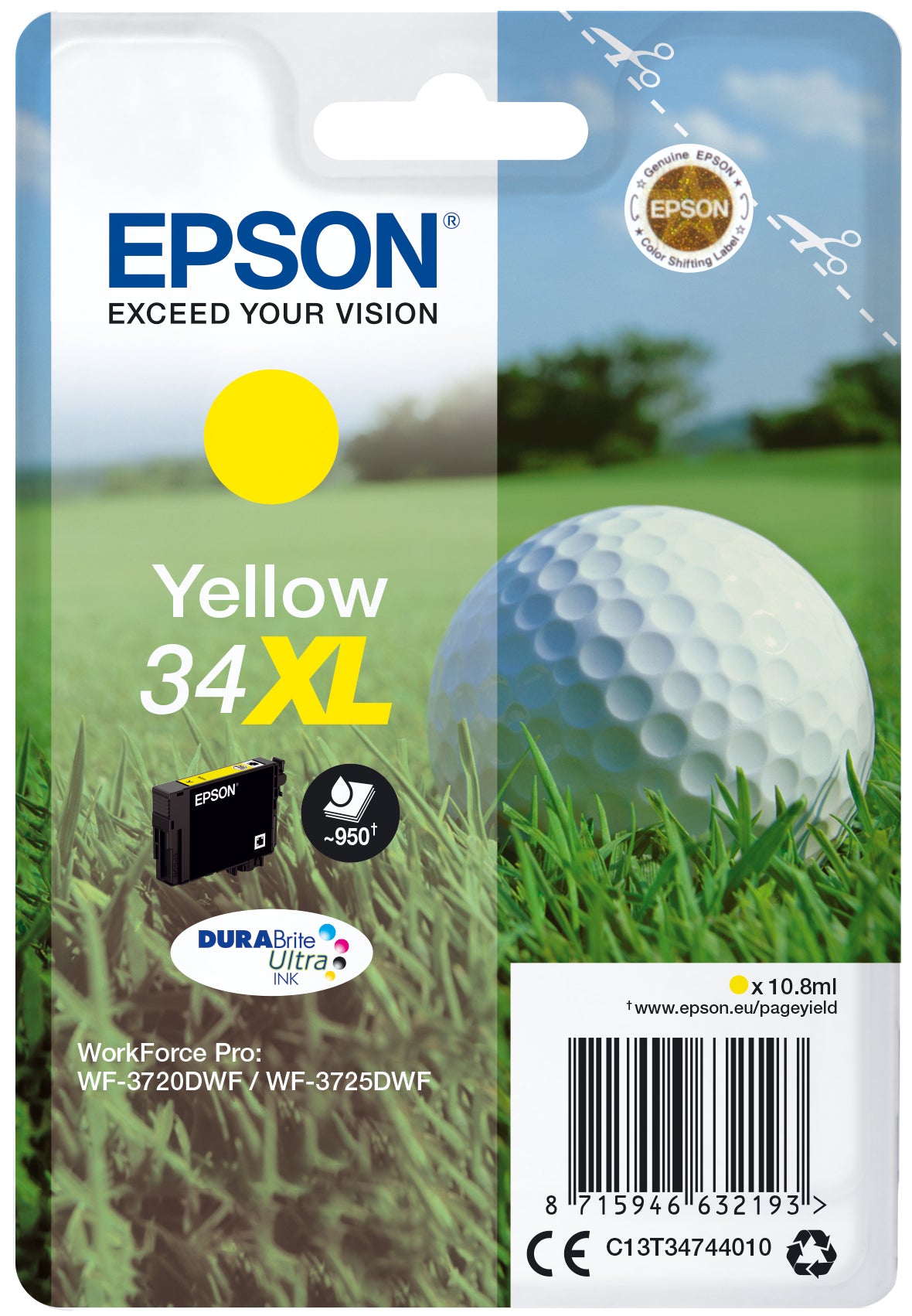 Epson 34XL - 10.8 ml - XL - amarelo - original - blister - tinteiro - para WorkForce Pro WF-3720, WF-3720DWF, WF-3725DWF