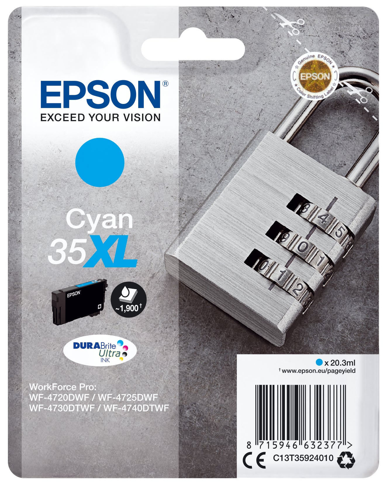 Epson 35XL - 20,3 ml - XL - azul cian - original - blister - cartucho de tinta - para WorkForce Pro WF-4720, WF-4720DWF, WF-4725DWF, WF-4730, WF-4730DTWF, WF-4740, WF-4740DTWF