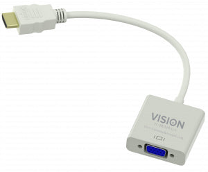 Adaptador VISION Professional de HDMI a VGA para instalación - GARANTÍA DE POR VIDA - resolución máxima 1920 x 1080 - no convierte VGA a HDMI - HDMI (M) a VGA (F) - diámetro exterior 5,5 mm - 32 AWG - longitud total 230 mm - blanco