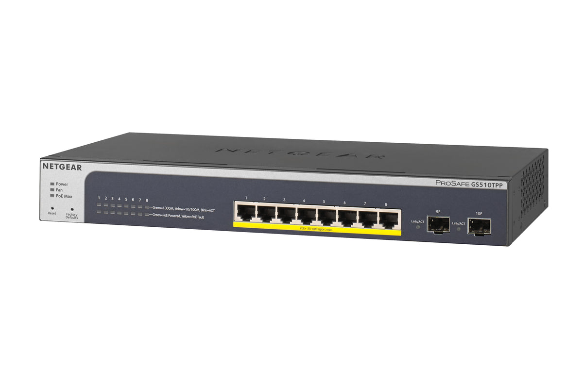 NETGEAR Smart GS510TPP - Conmutador - L3 Lite - inteligente - 8 x 10/100/1000 (PoE+) + 2 x SFP - escritorio, montaje en riel - PoE+ (190 W)