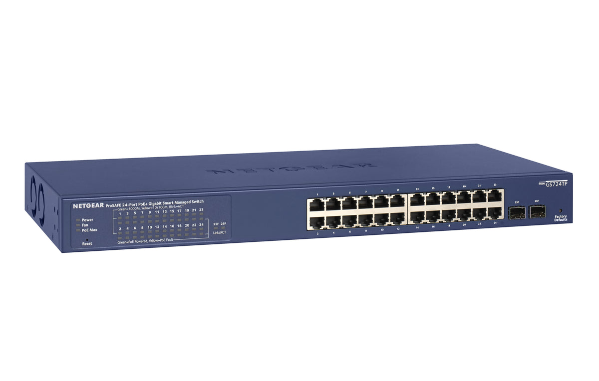 NETGEAR Smart GS724TPv2 - Conmutador - inteligente - 24 x 10/100/1000 (PoE+) + 2 x 1000Base-X SFP (enlace ascendente) - montaje en riel - PoE+ (190 W)