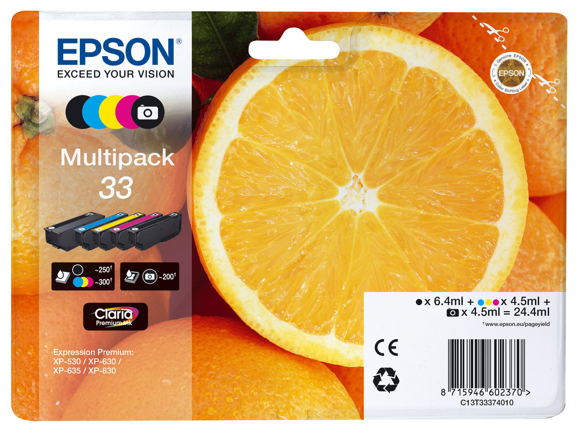 Epson 33 Multipack - Pack of 5 - 24.4 ml - black, yellow, cyan, magenta, photo black - original - blister - ink cartridge - for Expression Premium XP-530, XP-540, XP-630, XP-635, XP- 640, XP-645, XP-830, XP-900