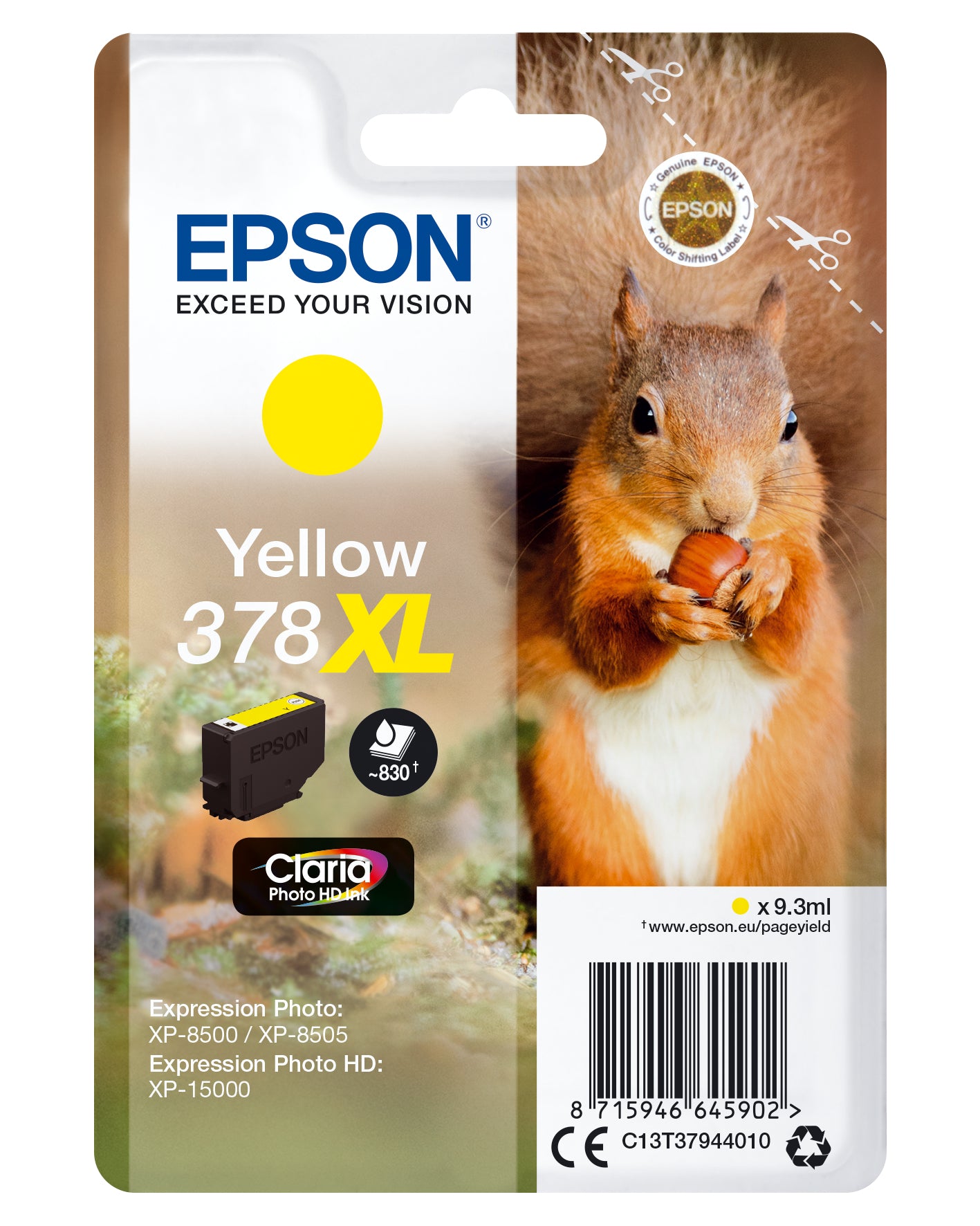 Epson 378XL - 9.3 ml - XL - amarelo - original - blister - tinteiro - para Expression Home XP-8605, 8606, Expression Home HD XP-15000, Expression Photo XP-8505, 8700