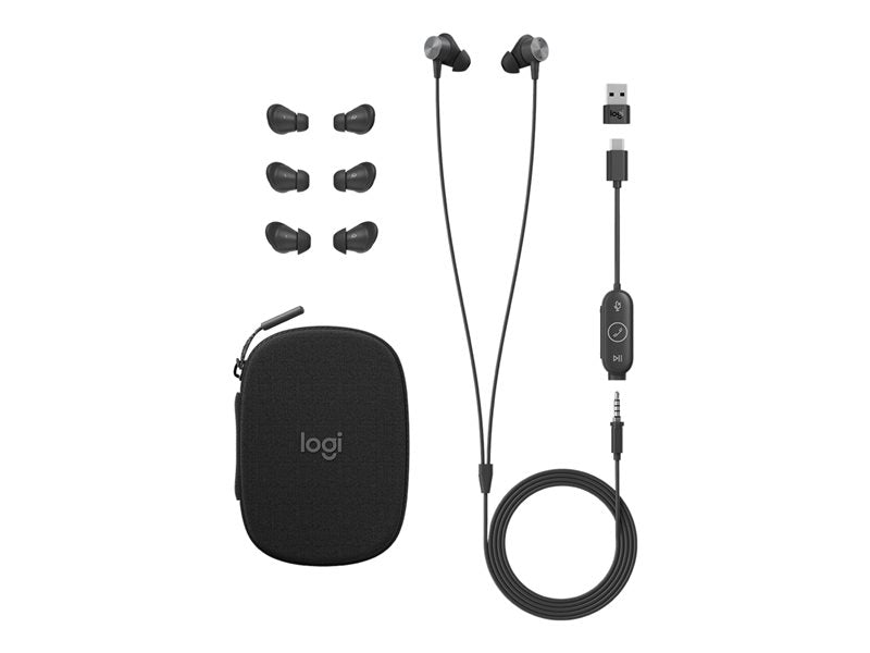 Logitech Zone Wired Earbuds - Headphones - In-Ear - With Cable - 3.5mm Jack - Noise Isolation - Graphite - UC Optimized