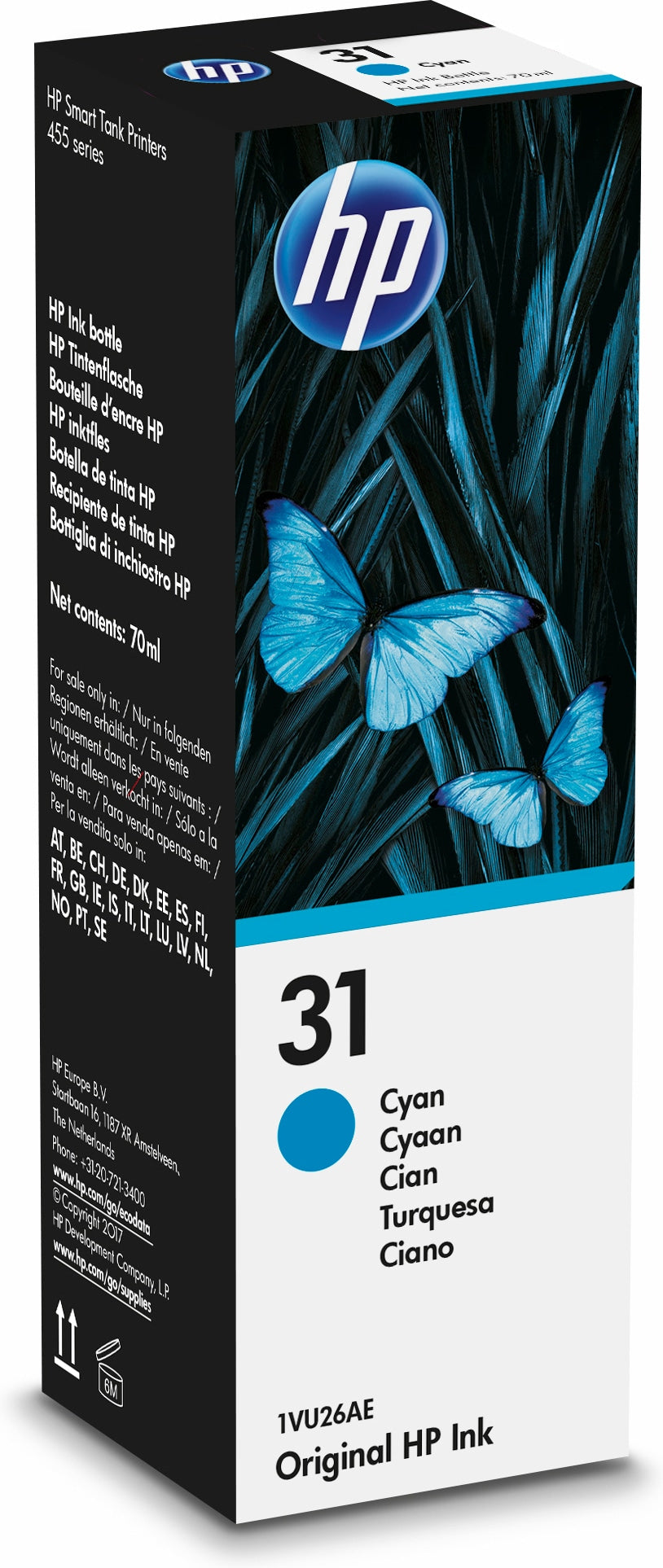 HP 31 - 70 ml - azul cian - original - recarga de tinta - para Smart Tank 6001, 67X, 70XX, 720, 73XX, 750, 790, Smart Tank Plus 55X, 57X, 65X