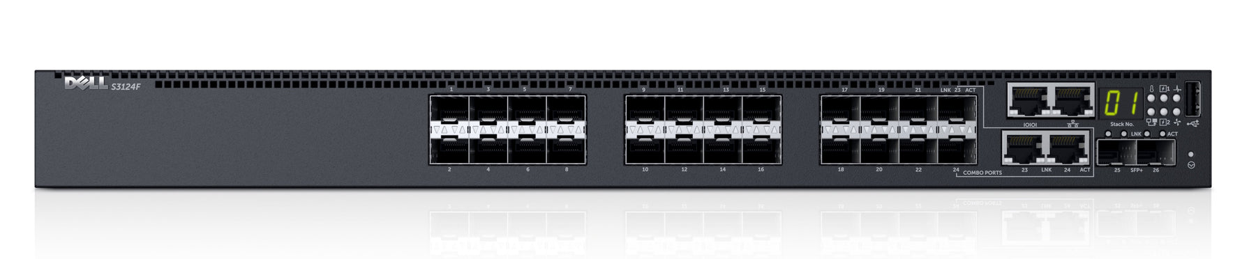 Dell Networking S3124F - Switch - L3 - Managed - 24 x Gigabit SFP + 2 x 10 Gigabit SFP+ + 2 x Gigabit SFP combo - front to back airflow - rail mountable - Dell Smart Value - with 3 Years of Dell ProSupport