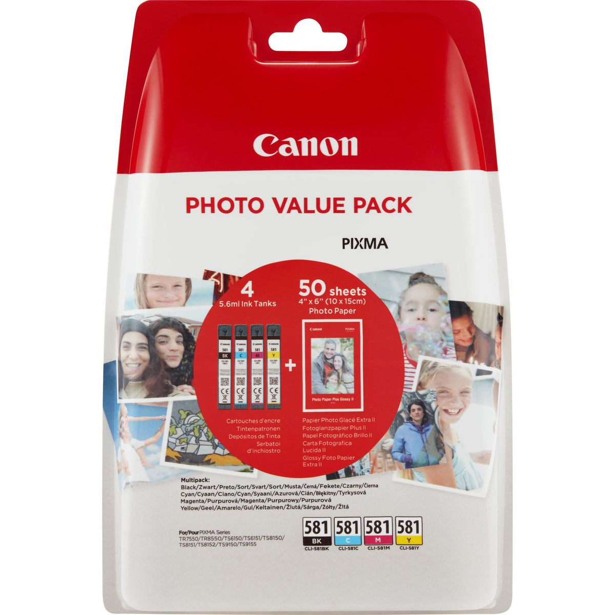 Canon CLI-581 C/M/Y/BK Photo Value Pack - Pack of 4 - 5.6 ml - Black, Yellow, Cyan, Magenta - Original - Secure Blister - Ink/Paper Kit - for PIXMA TS6251, TS6350, TS6351, TS705, TS8251, TS8252, TS8350, TS8352, TS9550, TS9551