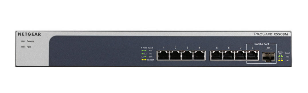 NETGEAR XS508M - Switch - no management - 7 x 10 Gigabit Ethernet + 1 x 10 Gigabit Ethernet / 10 Gigabit Ethernet SFP+ - desktop, rail mountable