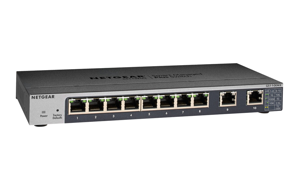 NETGEAR Plus GS110EMX - Conmutador - Inteligente - 8 x 1000Base-T + 2 x 100/1000/2.5G/5G/10G (enlace ascendente) - escritorio, montaje en riel, montaje en pared - Alimentación de CC