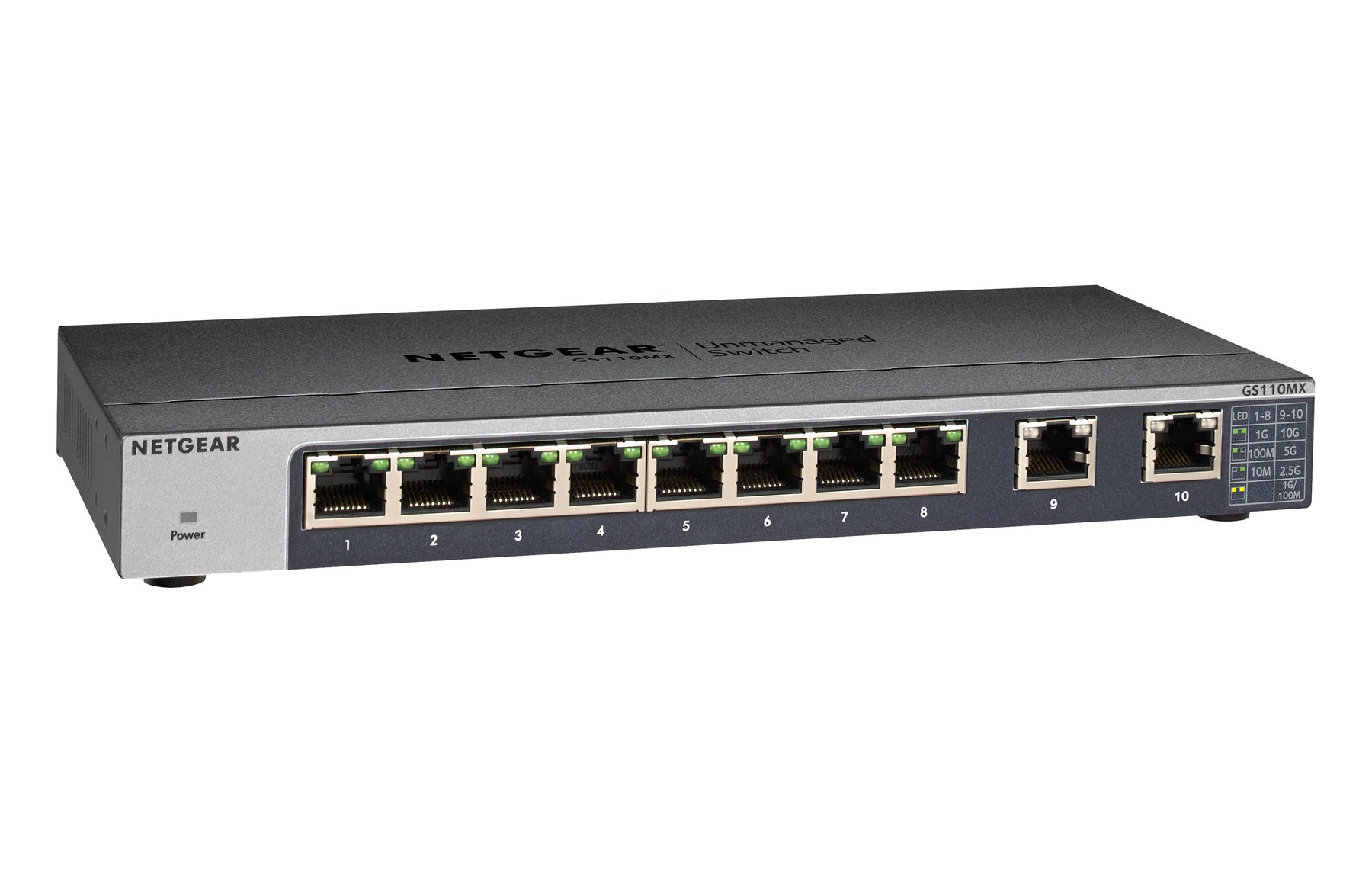 NETGEAR GS110MX - Conmutador - sin administración - 8 x 1000Base-T + 2 x 100/1000/2.5G/5G/10G (enlace ascendente) - escritorio, montaje en riel, montaje en pared - Alimentación de CC