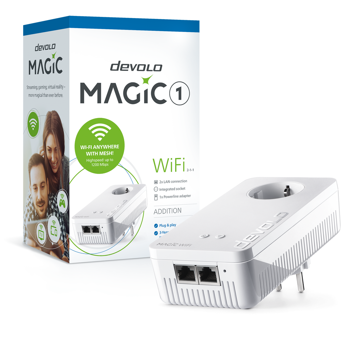 devolo Magic 1 WiFi, Adaptador adicional, Velocidad. PLC hasta 1200 Mbps, malla Wi-Fi con 2 puertos LAN - PT8358