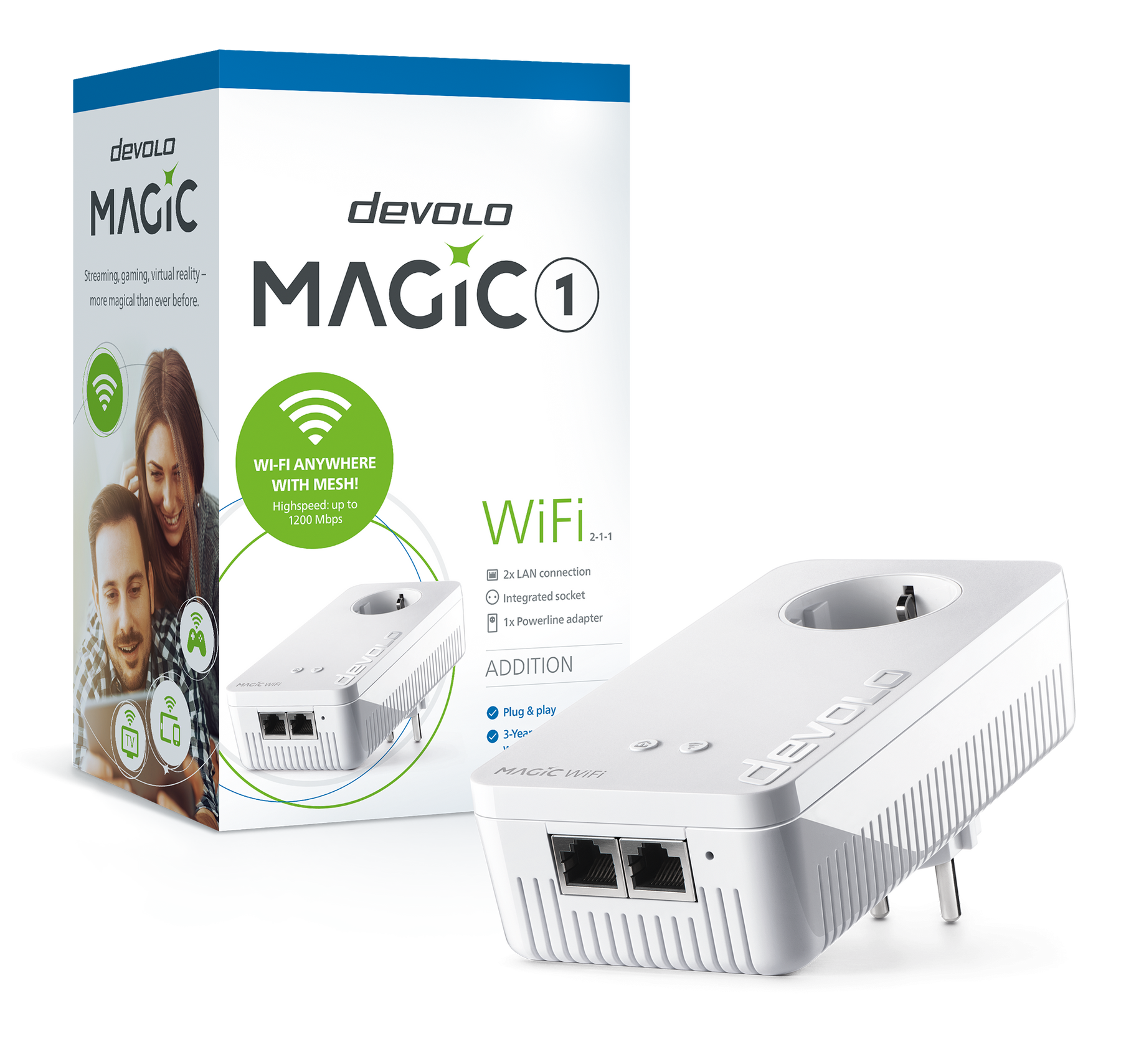 devolo Magic 1 WiFi,Adaptador adicional,Velocid. PLC até 1200Mbps,Wi-Fi mesh c/ 2 Portas LAN- PT8358