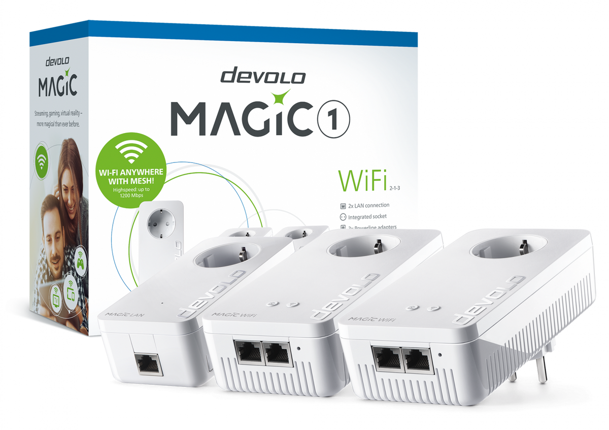 devolo Magic 1 WiFi, kit multisala, velocidad de PLC de hasta 1200 Mbps, Wi-Fi en malla con 2 puertos LAN - PT8374