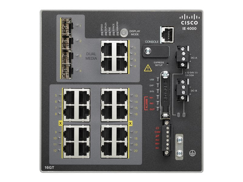 Cisco Industrial Ethernet 4000 Series - Switch - Managed - 16 x 10/100/1000 + 4 x Gigabit SFP combo - DIN rail mountable - DC power - Compatible with TAA (IE-4000-16GT4G-E)