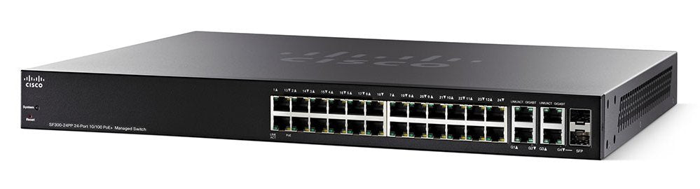 Cisco Small Business SF350-24P - Switch - L3 - Admin - 24 x 10/100 (PoE+) + 2 x Gigabit Ethernet/Gigabit SFP array + 2 x Gigabit SFP - rail mountable - PoE+ (185W)