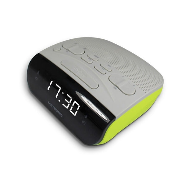 RELOJ ALARMA RADIO METRONIC BICOLOR GRIS/VERDE DOBLE ALARMA