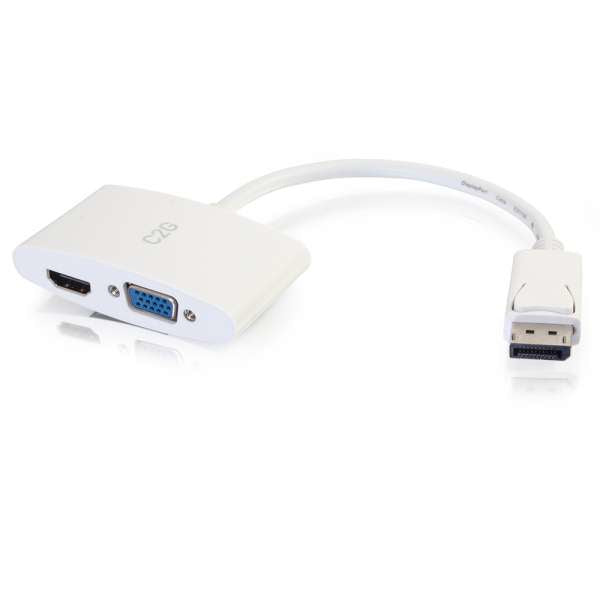 Conversor de adaptador de DisplayPort a HDMI o VGA hembra de 20 cm C2G - Soporte 4K - Blanco - Adaptador de vídeo - DisplayPort macho a DB-15, HDMI hembra - 20,3 cm - blindado - blanco - Soporte 4K