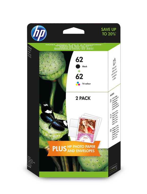 HP 62 - Paquete de 2 - Color (cian, magenta, amarillo), pigmento negro - Genuino - Negro, Color (cian, magenta, amarillo) - Cartucho de tinta - para ENVY 55XX, 56XX, 76XX, Officejet 200, 250, 252, 57XX , 8040