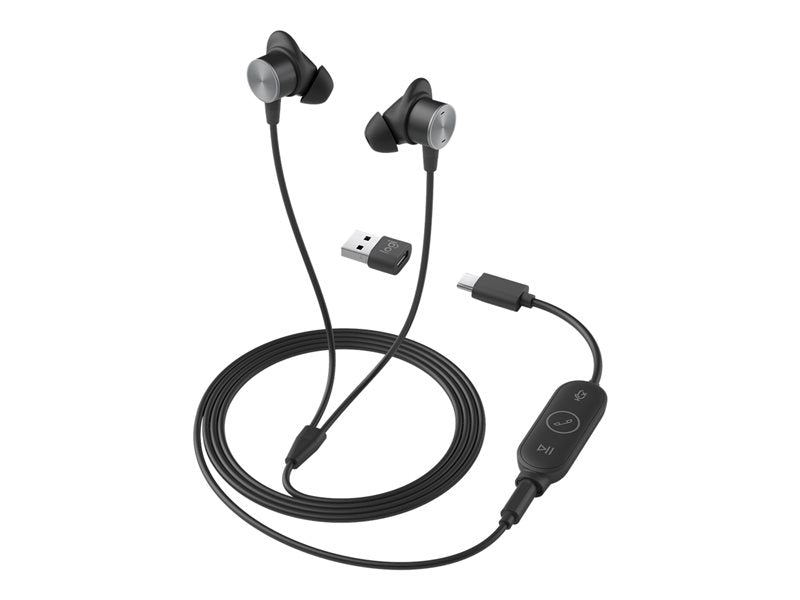 Logitech Zone Wired Earbuds - Headphones - In-Ear - With Cable - 3.5mm Jack - Noise Isolation - Graphite - UC Optimized