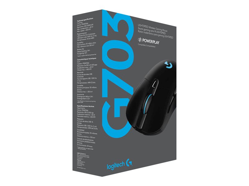 Logitech Wireless Gaming Mouse G703 LIGHTSPEED with HERO 16K Sensor - Mouse - optical - 6 buttons - wireless, wired - USB, LIGHTSPEED - Logitech LIGHTSPEED receiver (910-005640)