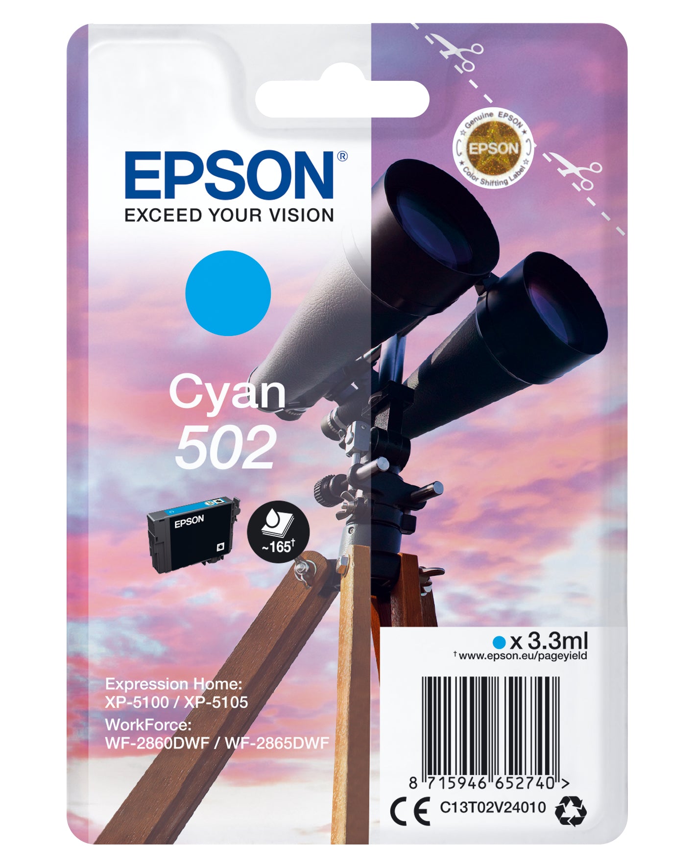 Epson 502 - 3.3 ml - cyan blue - original - blister - ink cartridge - for Expression Home XP-5100, 5105, 5150, 5155, WorkForce WF-2860, 2865, 2880, 2885