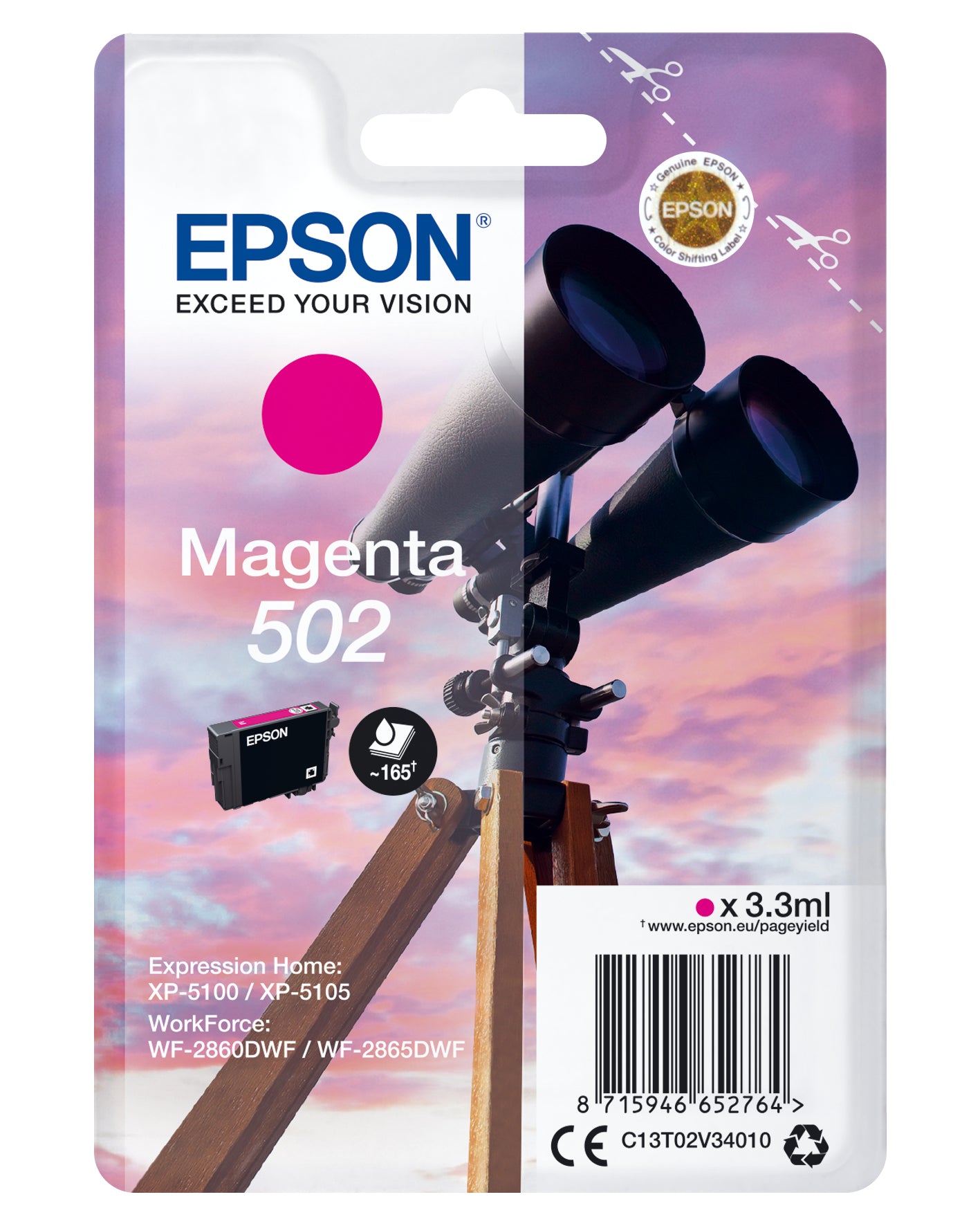 Epson 502 - 3.3 ml - magenta - original - blister - tinteiro - para Expression Home XP-5100, 5105, 5150, 5155, WorkForce WF-2860, 2865, 2880, 2885