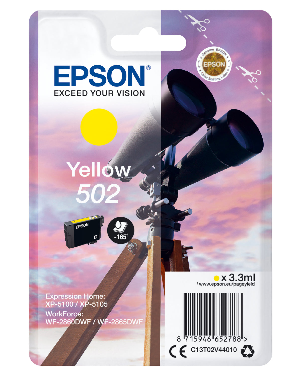 Epson 502 - 3.3 ml - amarelo - original - blister - tinteiro - para Expression Home XP-5100, 5105, 5150, 5155, WorkForce WF-2860, 2865, 2880, 2885