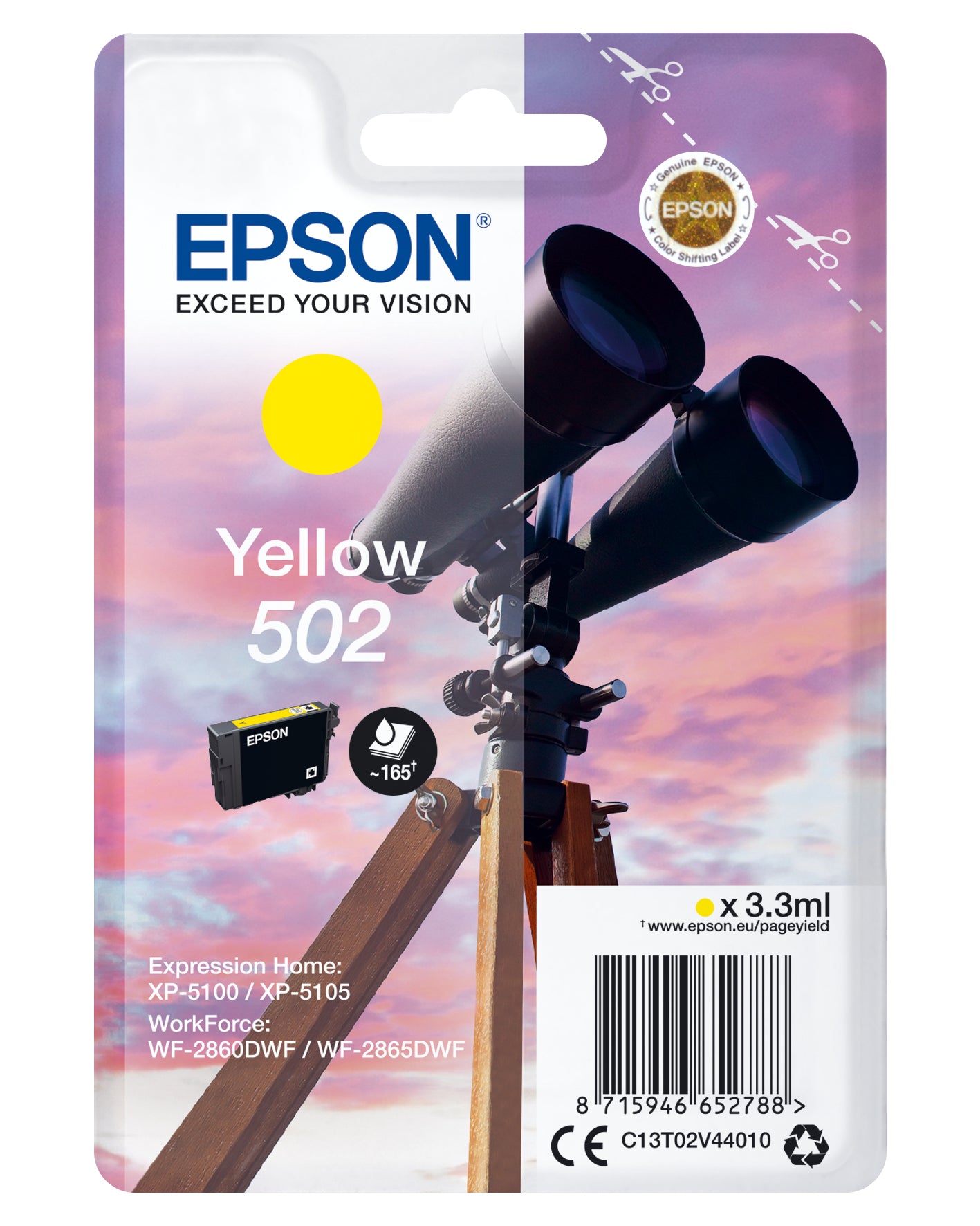 Epson 502 - 3.3 ml - yellow - original - blister - ink cartridge - for Expression Home XP-5100, 5105, 5150, 5155, WorkForce WF-2860, 2865, 2880, 2885