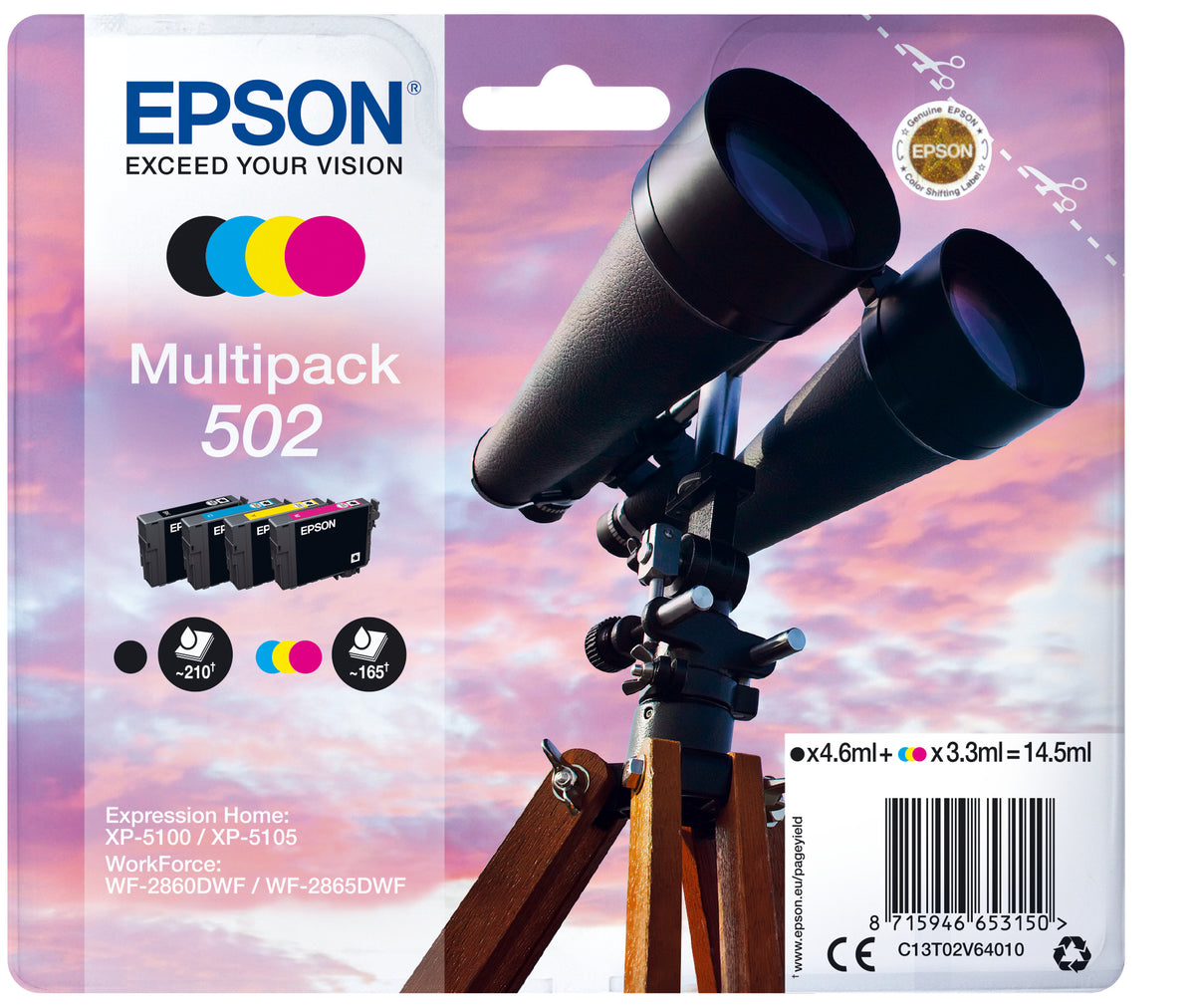 Epson 502 Multipack - Pack de 4 - preto, amarelo, azul cyan, magenta - original - blister - tinteiro - para Expression Home XP-5100, XP-5105, XP-5150, XP-5155, WorkForce WF-2860, WF-2865, WF-2885