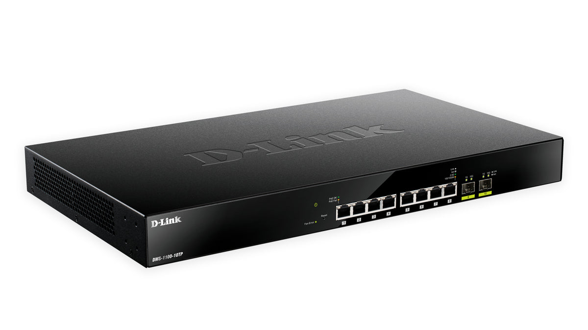 D-Link DMS 1100-10TP - Switch - Smart - 8 x 100/1000/2.5G (PoE+) + 2 x 10 Gigabit SFP+ - Rail mountable - PoE+ (240W)