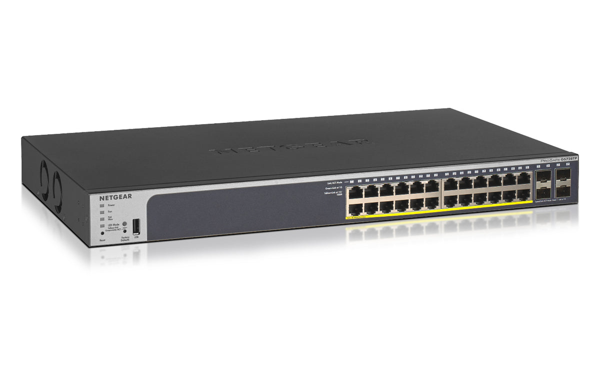 NETGEAR Smart GS728TP - V2 - conmutador - L3 - inteligente - 24 x 10/100/1000 (PoE+) + 4 x Gigabit SFP - montaje en riel - PoE+ (190 W)