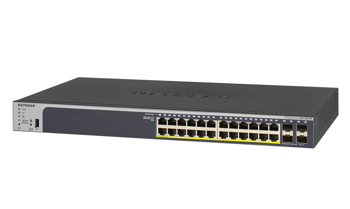 NETGEAR Pro GS728TPPv2 - V2 - interruptor - L3 - inteligente - 24 x 10/100/1000 (PoE+) + 4 x Gigabit SFP - montável em trilho - PoE+ (380 W)