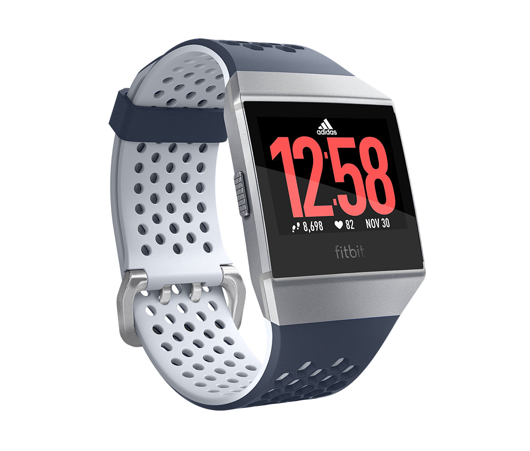 Fitbit Ionic - Adidas Edition - alumínio cinzento prateado - relógio inteligente Com banda de desporto - tinta azul/cinzento-gelo - Bluetooth, Wi-Fi, NFC - 50 g
