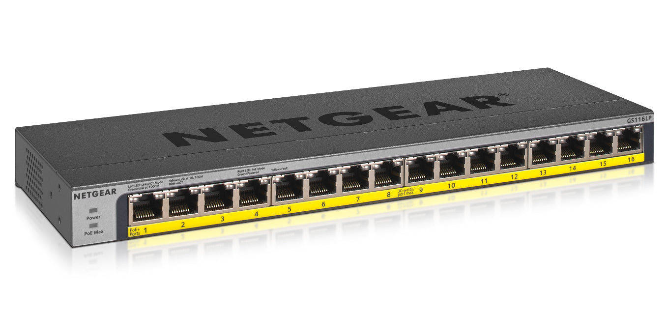 NETGEAR GS116LP - Conmutador - 16 x 10/100/1000 (PoE+) - escritorio, montaje en riel, montaje en pared - PoE+ (76 W) - Alimentación de CC