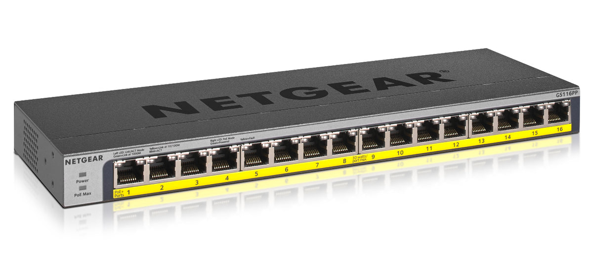 NETGEAR GS116PP - Conmutador - sin administración - 16 x 10/100/1000 (PoE+) - escritorio, montaje en riel, montaje en pared - PoE+ (183 W) - Alimentación de CC