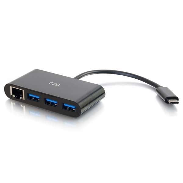 C2G USB C Ethernet and 3 Port USB Hub Black - Hub - 3 Ports - Network Adapter - USB-C - Gigabit Ethernet x 1 + USB 3.0 x 3 - black