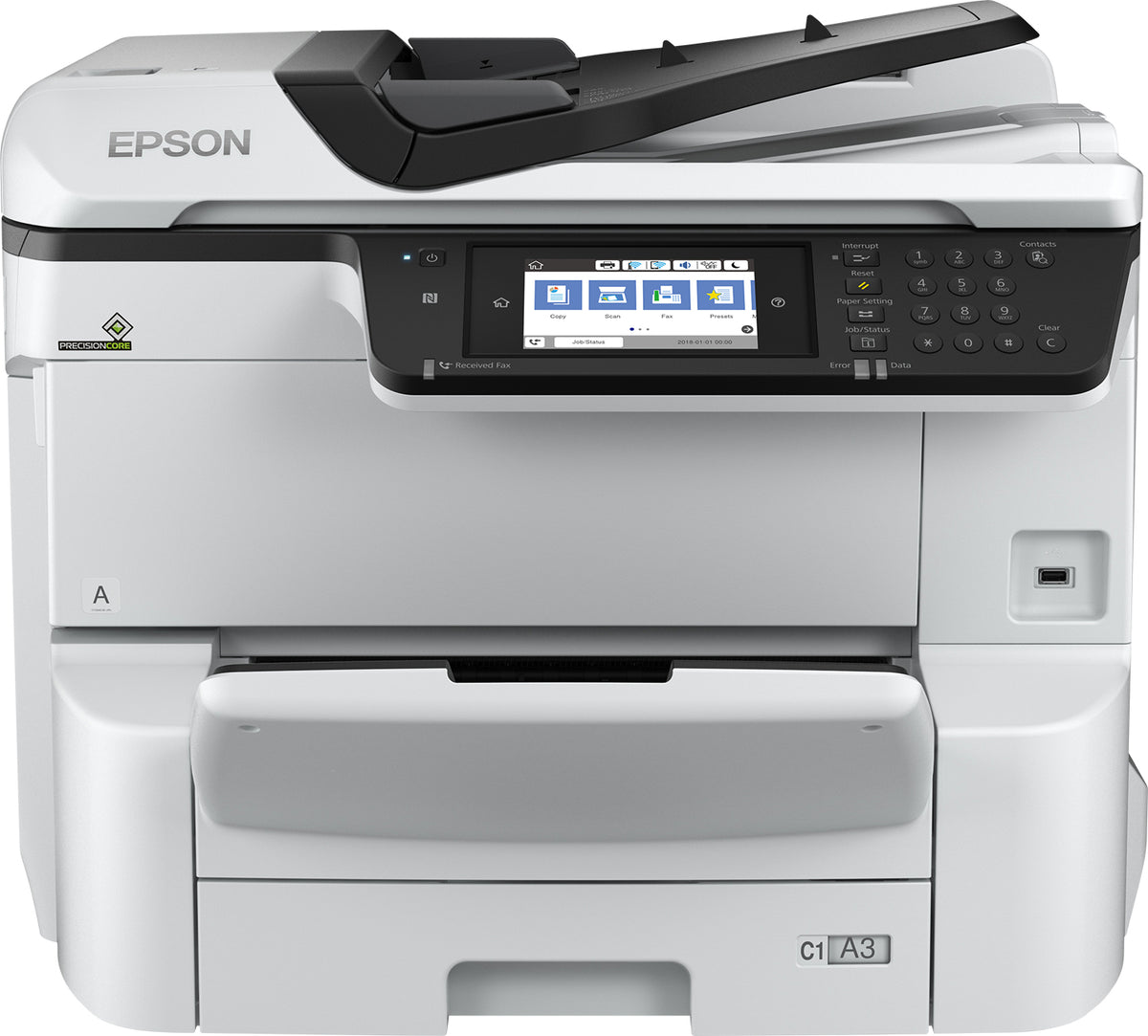 Epson WorkForce Pro WF-C8610DWF - Impressora multi-funções - a cores - jacto de tinta - A3 (297 x 420 mm) (original) - A3 (media) - até 22 ppm (cópia) - até 24 ppm (impressão) - 335 folhas - 33.6 Kbps - Gigabit LAN, host USB, NFC, USB 3.0, USB 2.0 ho