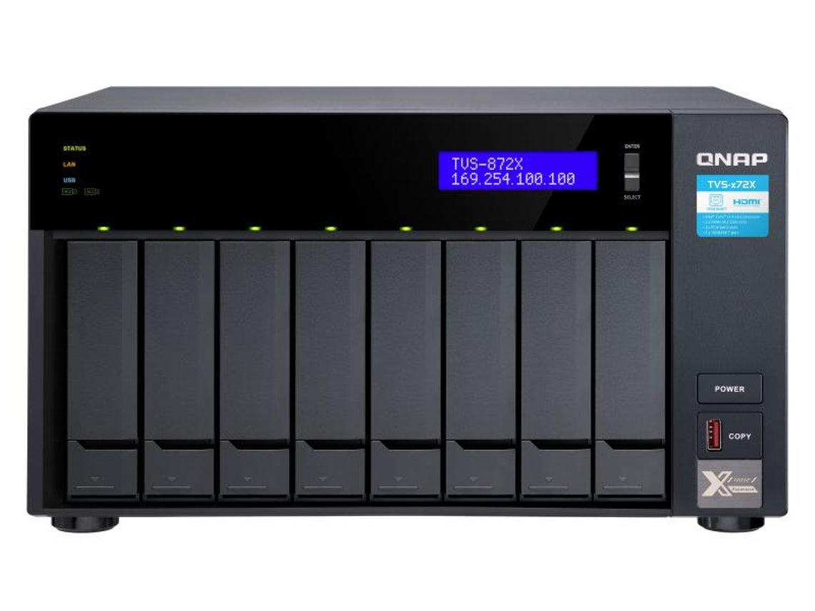 QNAP TVS-872X - NAS Server - 8 bays - SATA 6Gb/s - RAID (hard disk expansion) 0, 1, 5, 6, 10, 50, JBOD - RAM 8 GB - Gigabit Ethernet / 2.5 Gigabit Ethernet / 5 Gigabit Ethernet / 10 Gigabit Ethernet - iSCSI assistance