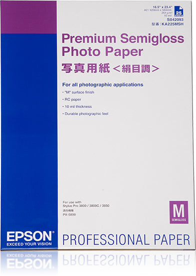 Epson Premium Semigloss Photo Paper - Semi-brilhante - A2 (420 x 594 mm) - 251 g/m² - 25 folha(s) papel fotográfico - para SureColor P5000, SC-P7500, P900, P9500, T2100, T3100, T3400, T3405, T5100, T5400, T5405