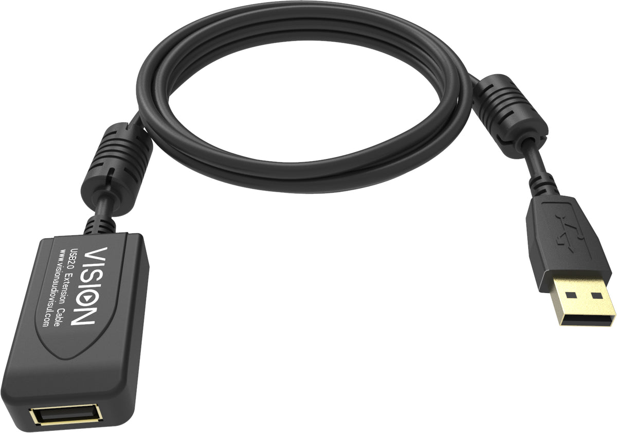 VISION installation-grade USB 2.0 active extension cable - LIFETIME WARRANTY - ferrite cores - 480mbit/s - over 65% coverage braided shield - USB-A (F) to USB-A (M) - outer diameter 4.5 mm - 28+24 AWG - 5 m - black