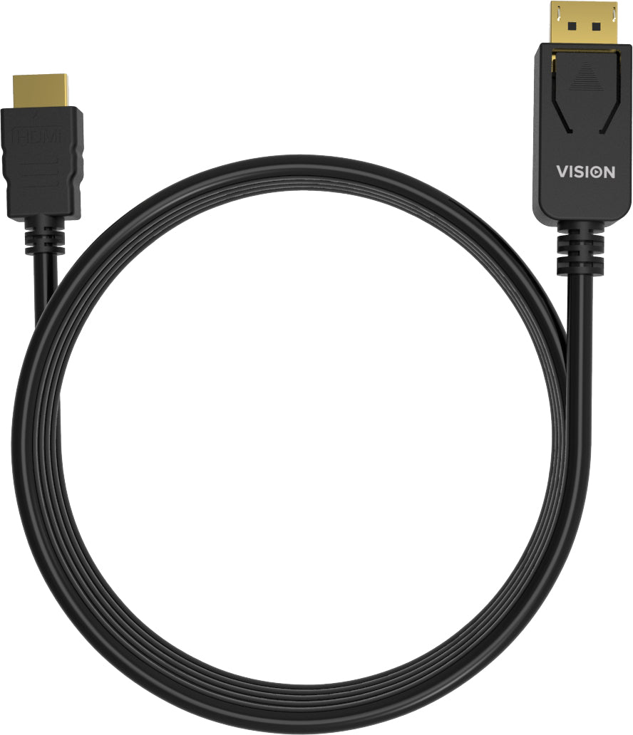 Cable DisplayPort a HDMI de instalación profesional VISION - GARANTÍA DE POR VIDA - 4K 60 Hz - DP versión 1.3 - conectores dorados - HDMI 2.0 admite hotplug - DP (M) a HDMI (M) - diámetro exterior 6,0 mm - 30 AWG - 1 m - negro