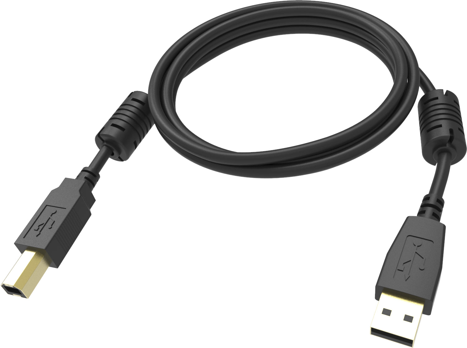 VISION Professional installation-grade USB 2.0 cable - LIFETIME WARRANTY - gold plated connectors - ferrite cores USB-A end - bandwidth 480mbit/s - over 65% coverage braided shield - USB-A (M) to USB-B (M) - outer diameter 4.5 mm - 28+24 AWG - 1 m -