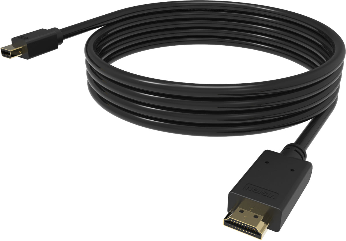 Cable Mini DisplayPort a HDMI de instalación profesional VISION - GARANTÍA DE POR VIDA - 4K 60 Hz - conectores dorados - compatible con hotplug - mDP (M) a HDMI (M) - diámetro exterior 6,0 mm - 28 AWG - 2 m - negro