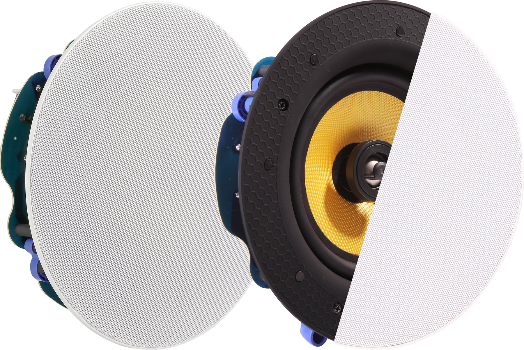 VISION Professional Pair 6.5" Ceiling Speakers - LIFETIME WARRANTY - 60 Watt power handling - 2-way - magnetic grille - Kevlar woofer and 0.75" Titanium tweeter, cutout diameter: 210 mm (8.3"), depth: 87 mm (3.6"), outer diameter: 227 mm (9") - white