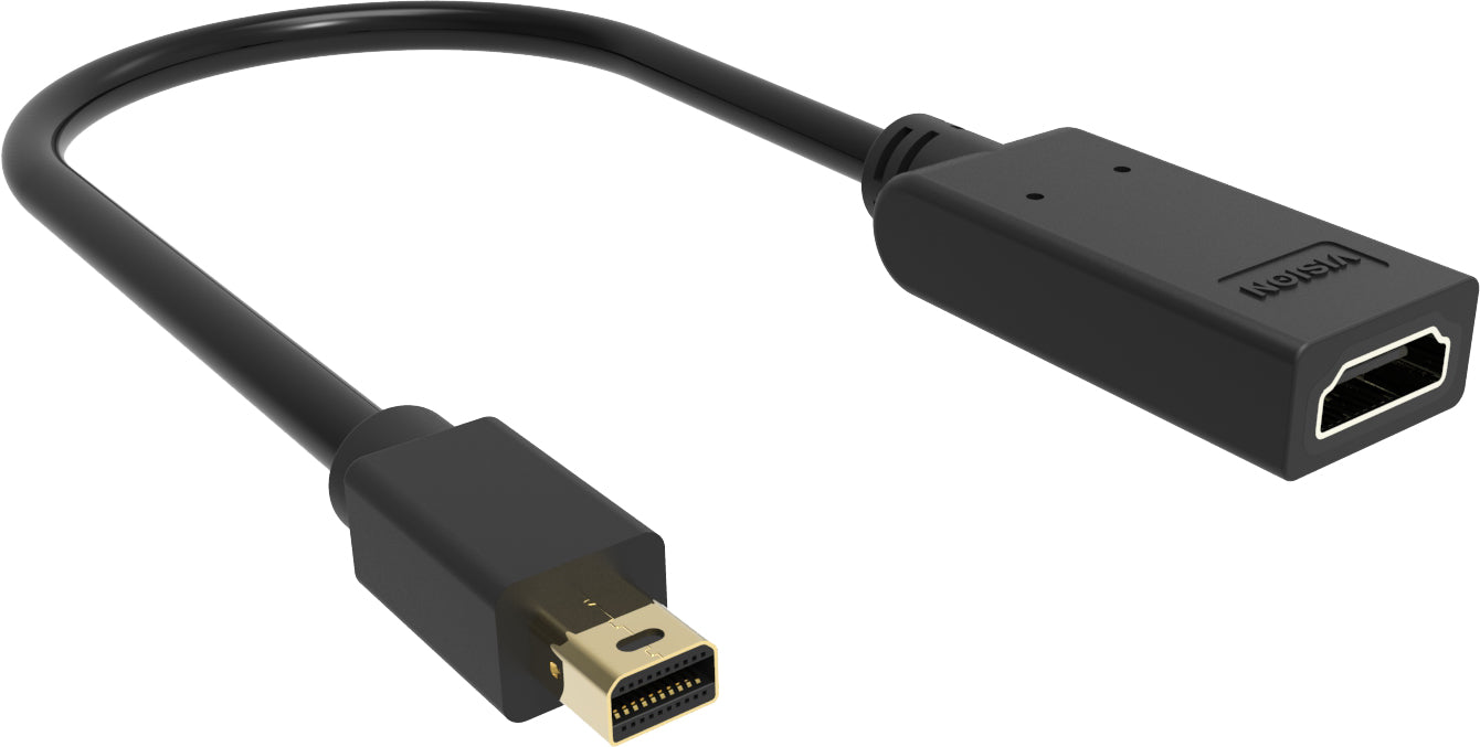 Adaptador de Mini DisplayPort a HDMI de instalación profesional VISION - GARANTÍA DE POR VIDA - 4K 60 Hz - conectores dorados - HDMI 2.0 - no convierte HDMI a DP - mDP (M) a HDMI (F) - Pantalla multipantalla ATI eyefinity - longitud total 225 mm - fuera