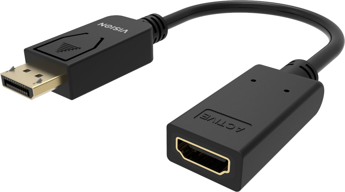 Adaptador DisplayPort a HDMI de instalación profesional VISION - GARANTÍA DE POR VIDA - 4K 60 Hz - DP versión 1.3 - conectores dorados - HDMI 2.0 - no convierte HDMI a DP - hotplug - DP (M) a HDMI (F) - diámetro exterior 5,5 mm - 30 AWG - longitud total